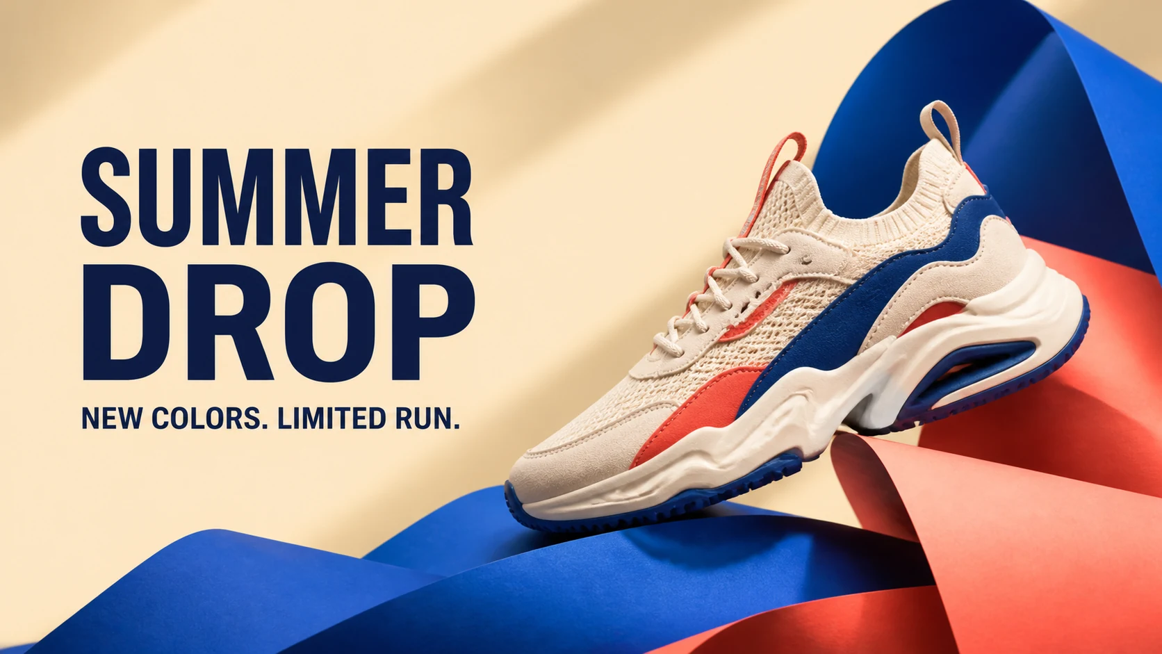 AI Banner Generator ecommerce example with SUMMER DROP text and an unbranded sneaker