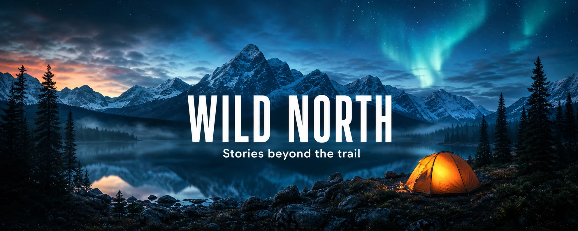 AI Banner Generator YouTube channel example with WILD NORTH title over an aurora mountain landscape