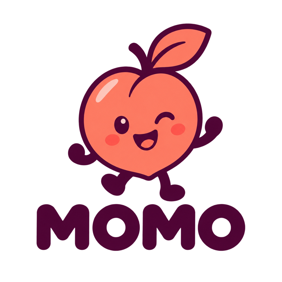 Coral peach mascot above the correctly spelled MOMO wordmark on a transparent background