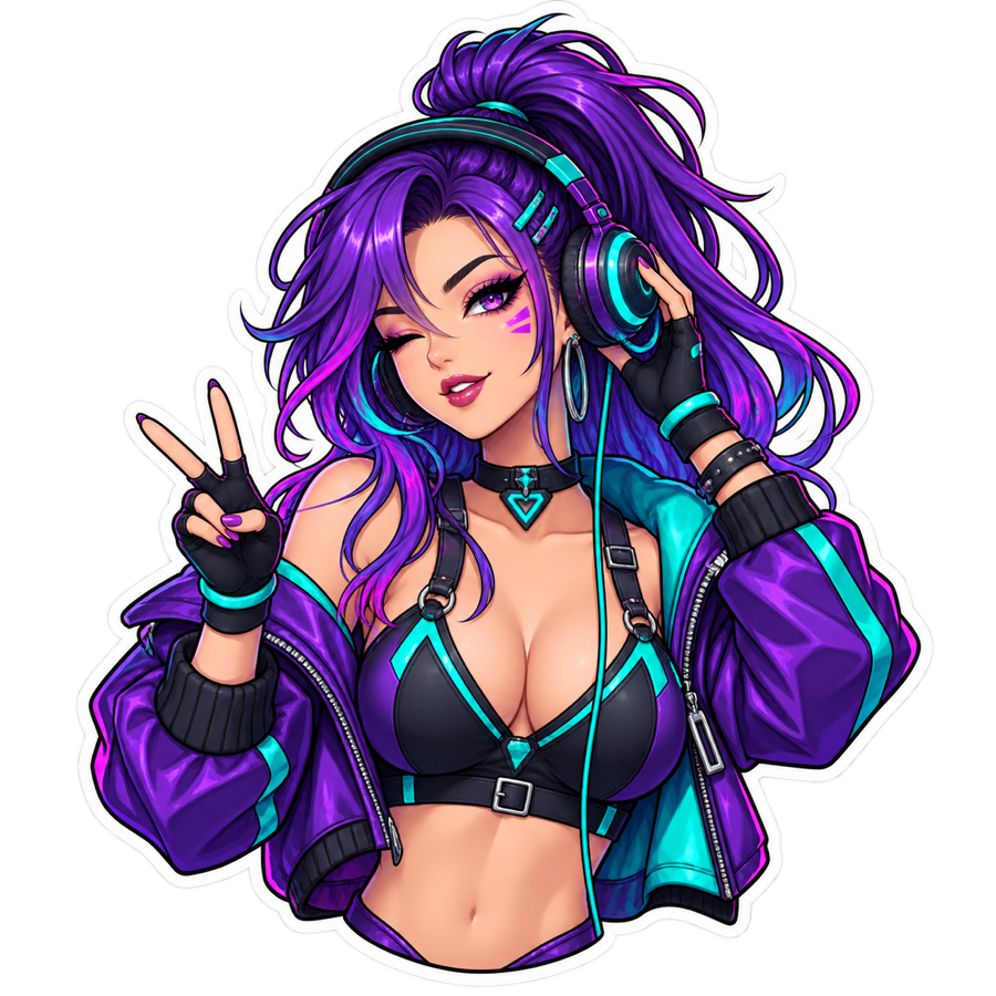 Original violet-haired cyberpunk DJ sticker on a transparent background