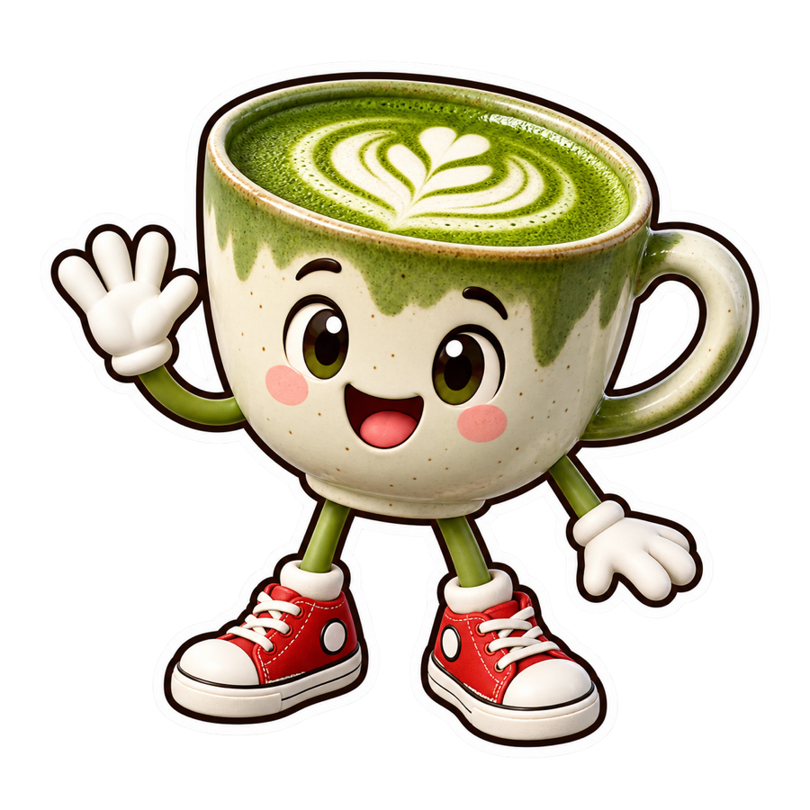 Smiling matcha cup mascot sticker with red sneakers and a thick white outline