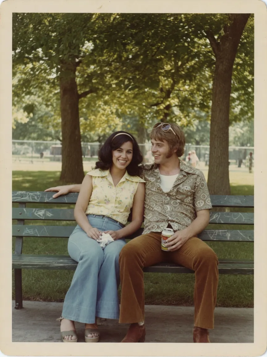 Restored 1970s couple snapshot after AI old photo restoration