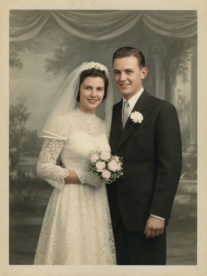 AI old photo restoration before and after: black-and-white wedding photo colorized
